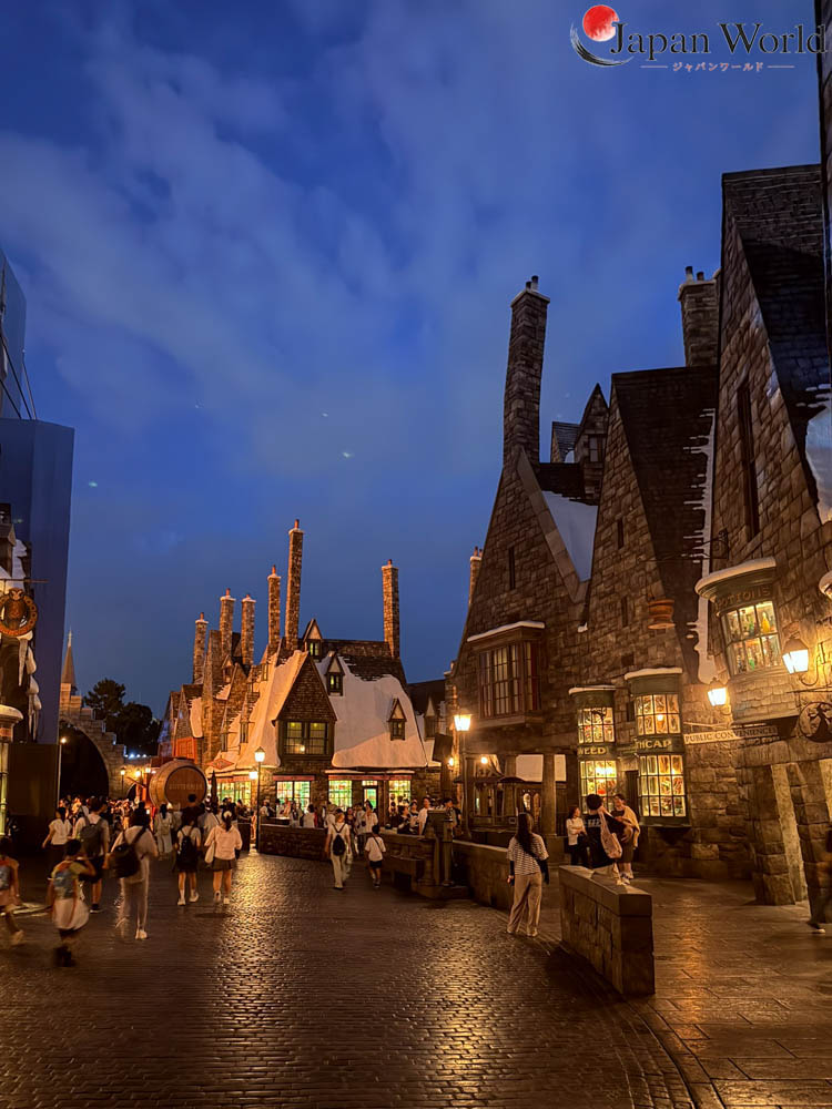 Rue de Pré-au-Lard illuminée de nuit à Universal Studios Japan
