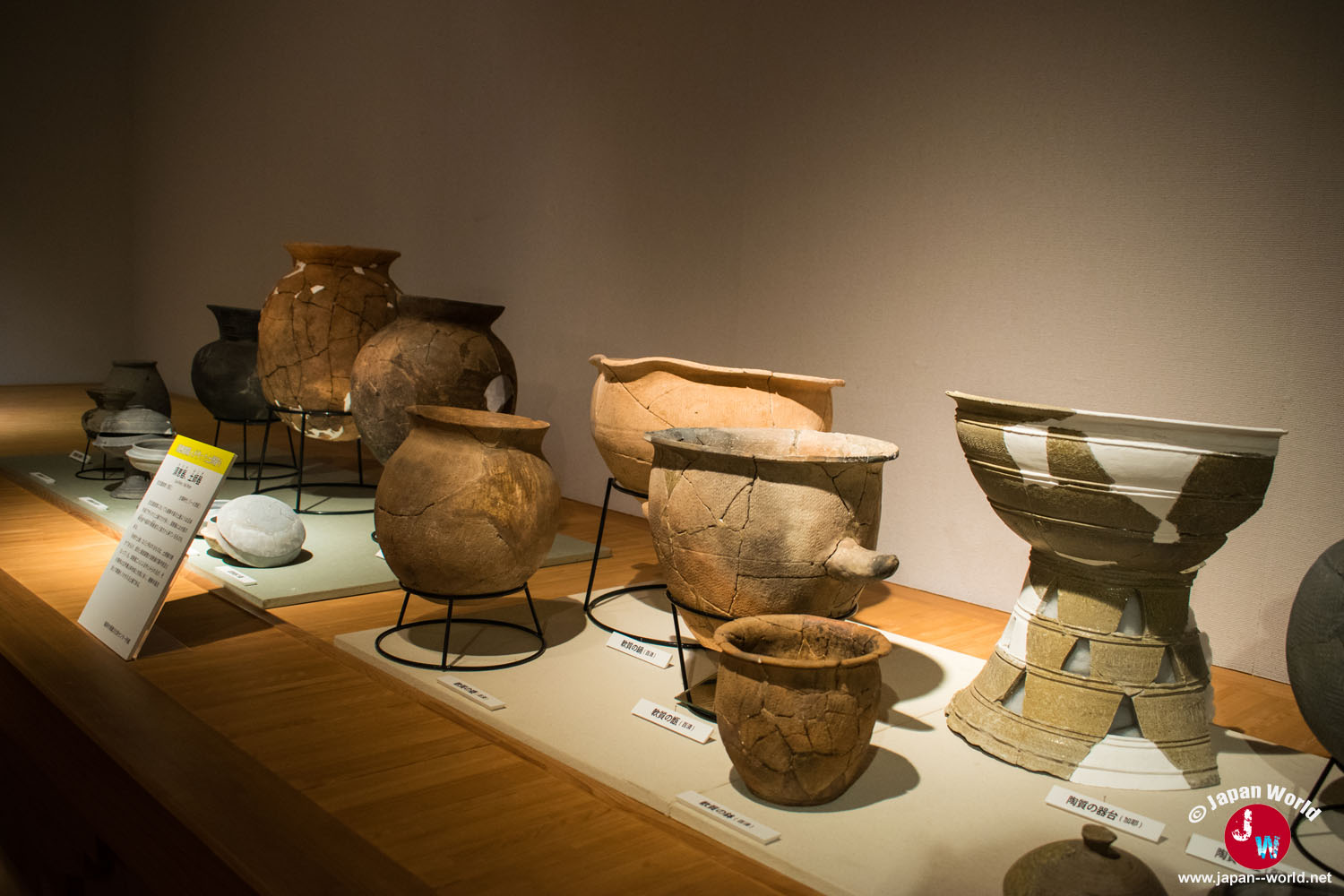 Collection de pots et de coupes en terre cuite présentée sous vitrine