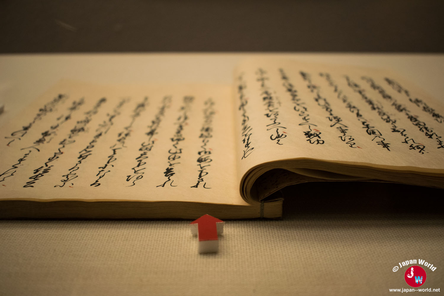 Livre manuscrit japonais ouvert sous vitrine