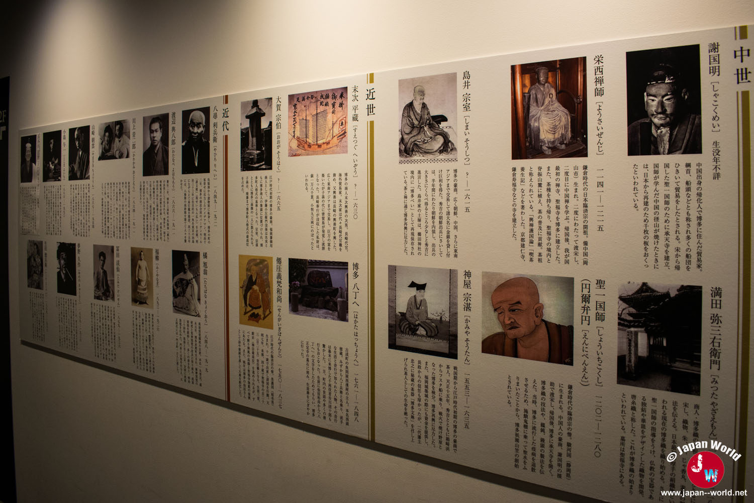 Mur de portraits présentant des personnalités importantes de l'histoire de Hakata