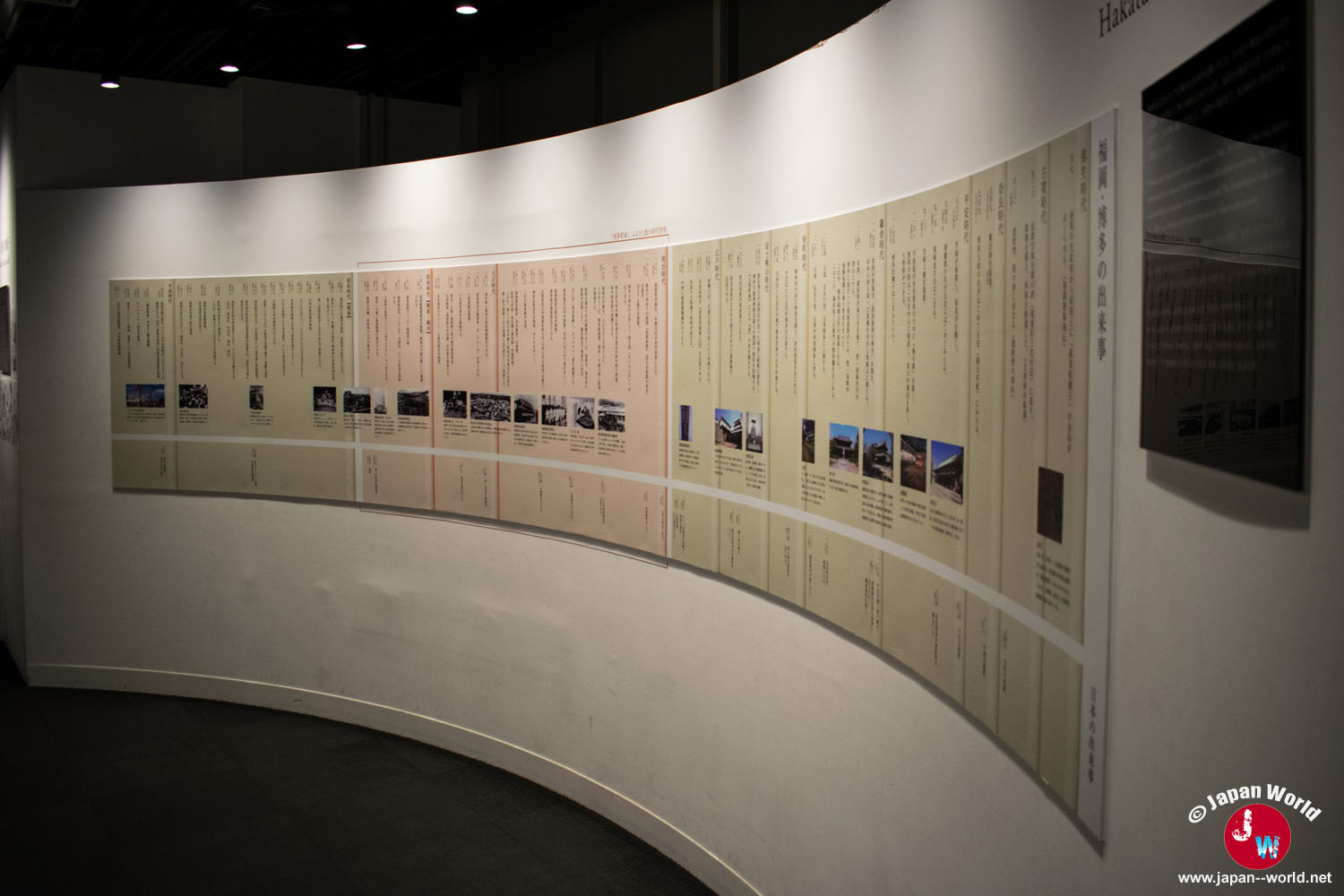 Frise chronologique courbe retraçant l'histoire de Hakata dans la première salle du musée