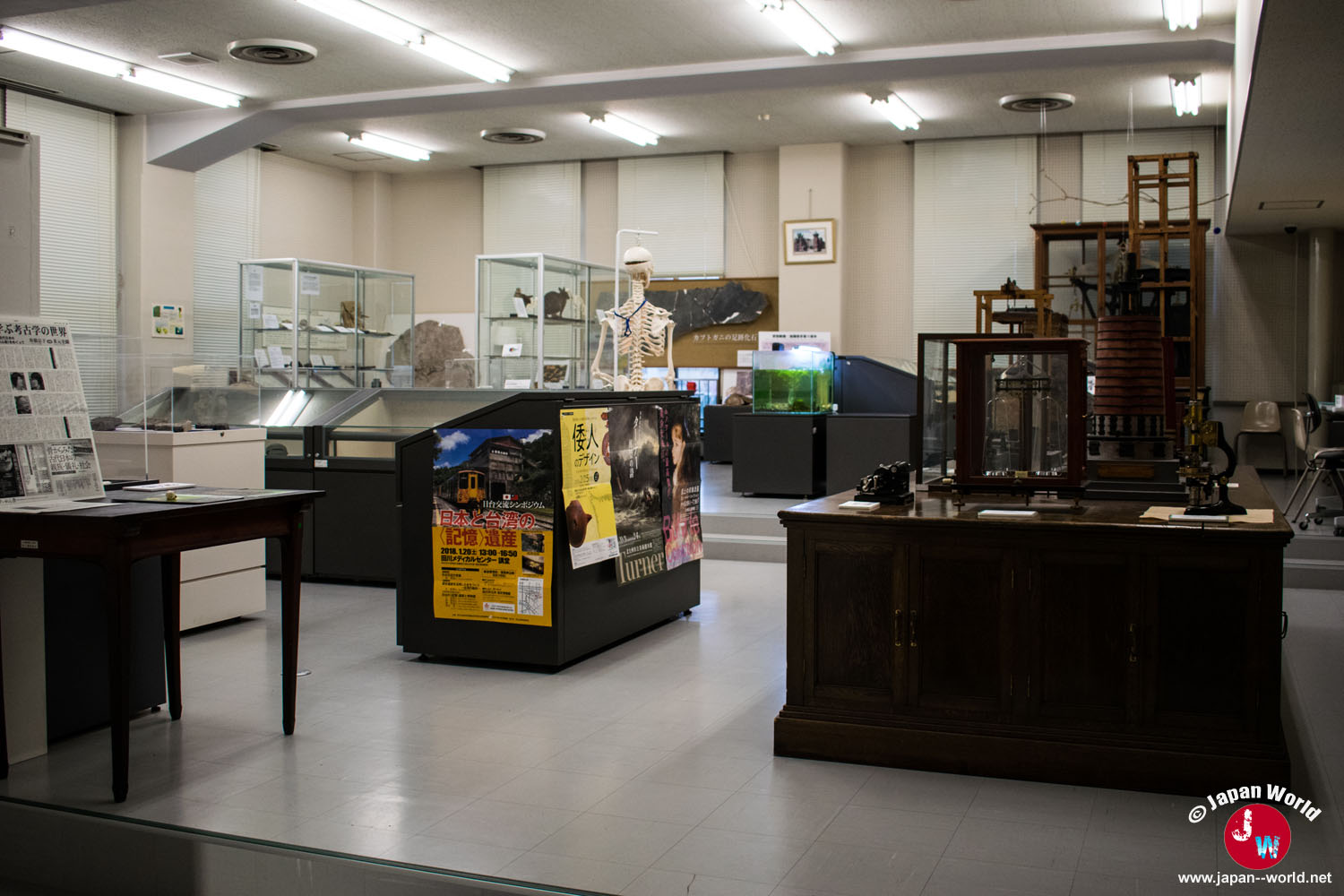Vue générale du musée de l'université de Kyushu avec ses vitrines et son aquarium