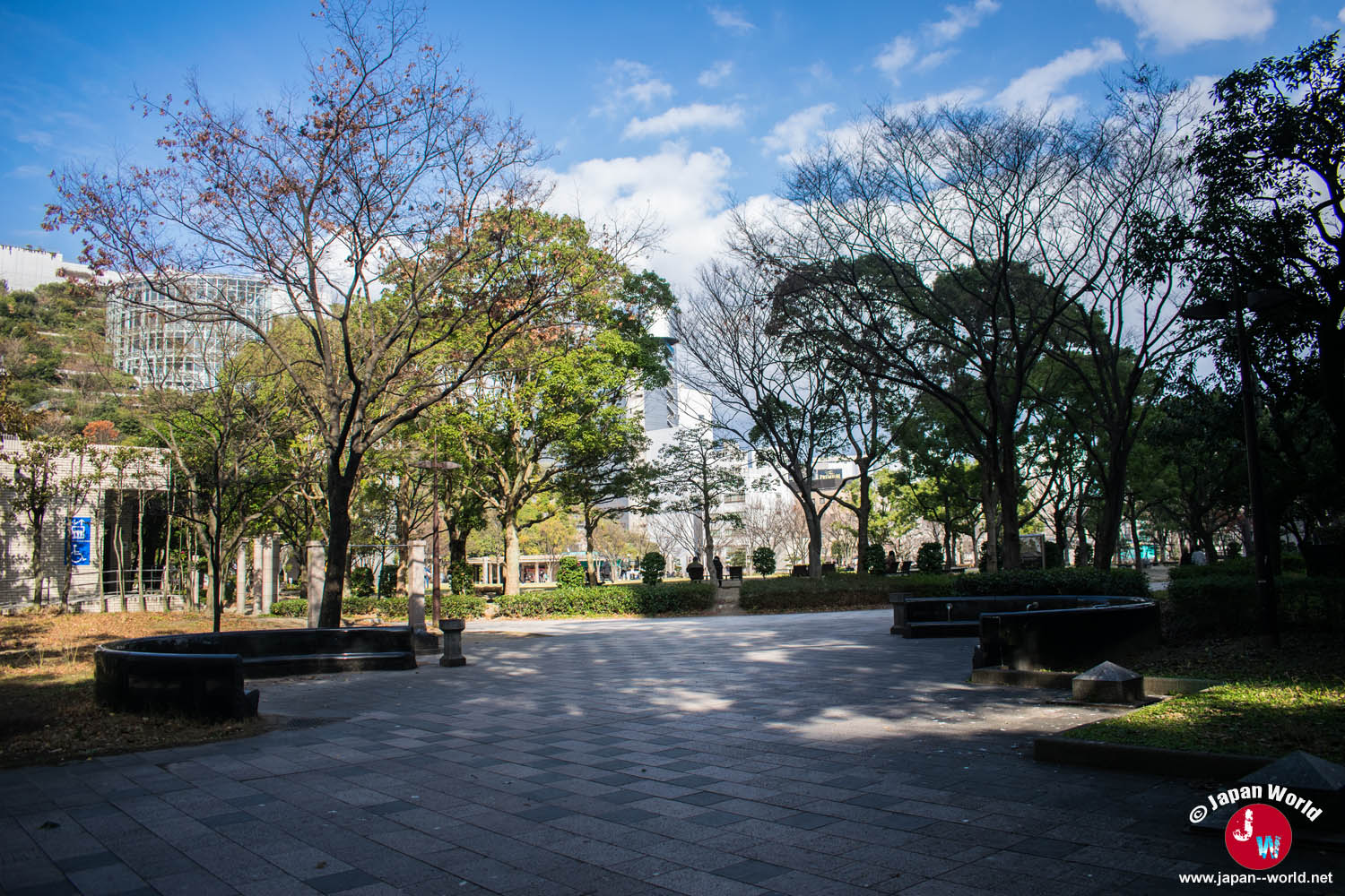Espace pavé avec bancs sous les arbres du Tenjin Central Park