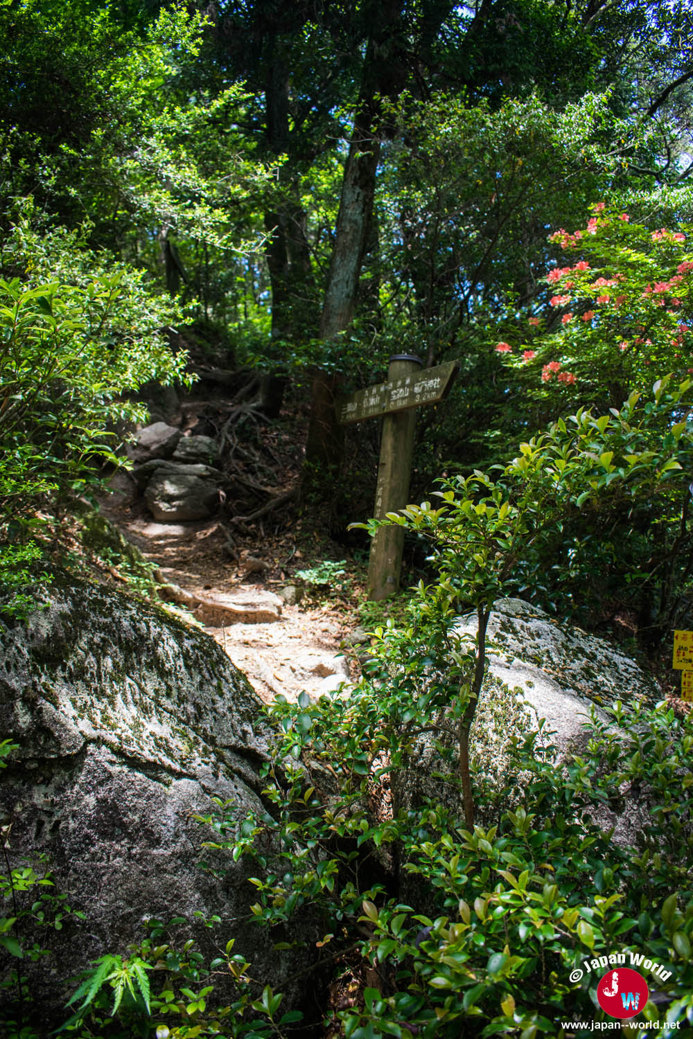Sentier de gauche indiqué par un panneau japonais vers Sangunsan