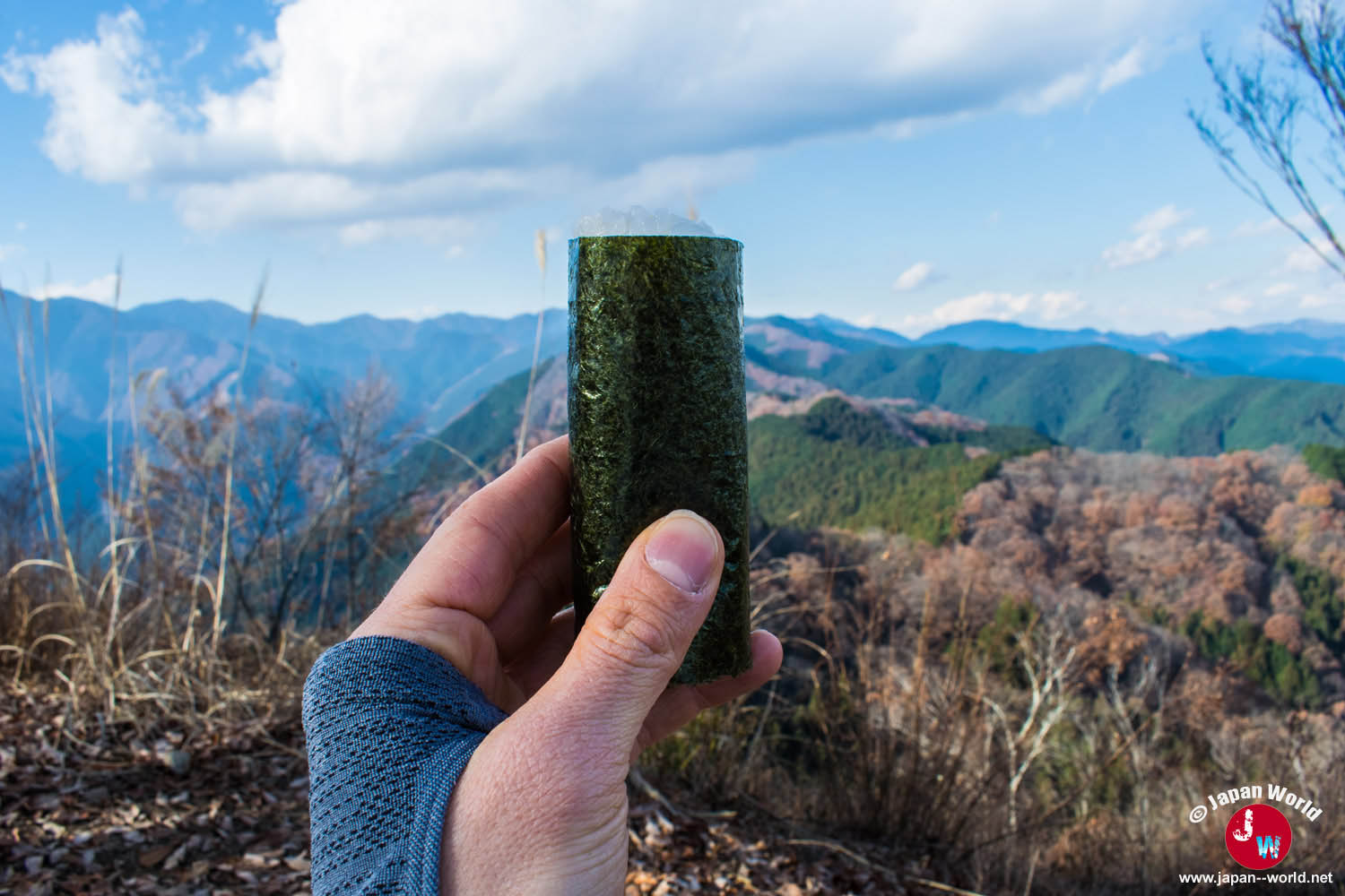 Onigiri dégusté face aux montagnes du mont Iwatakeishi