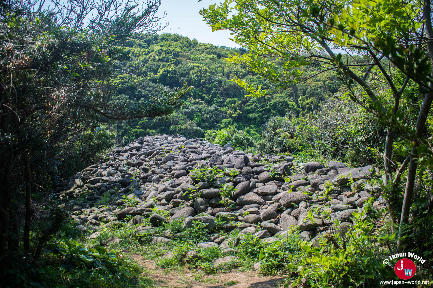 Monticule de pierres entouré par la végétation d'Ainoshima