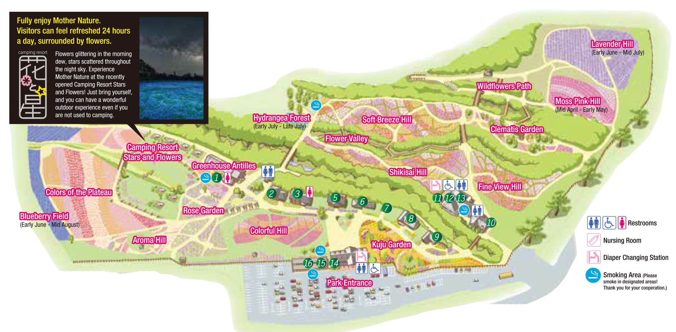 Plan en anglais des jardins et principaux espaces du Kuju Flower Park