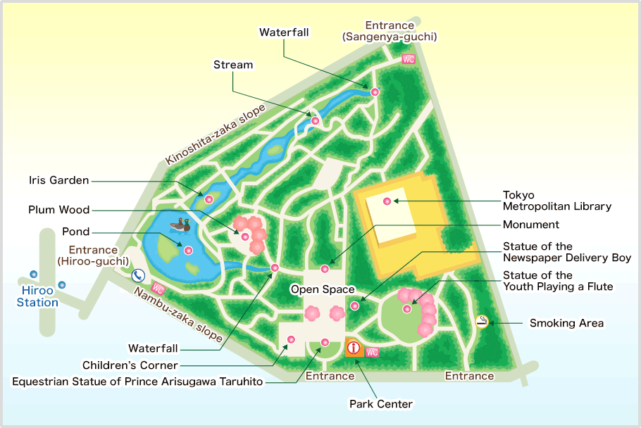 Plan des allées et des principaux équipements du parc mémorial d'Arisugawa-no-miya à Tokyo