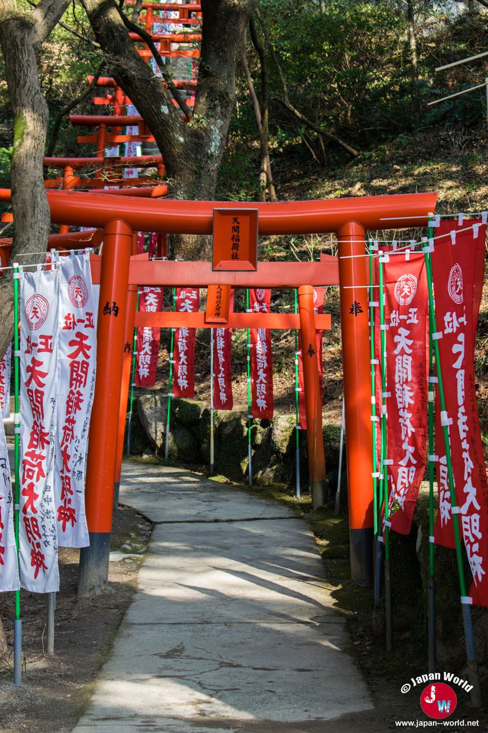 Suite de torii rouges sur le chemin d'un petit sanctuaire à Dazaifu