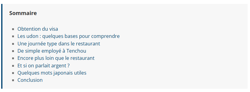 Sommaire pour les articles Japon