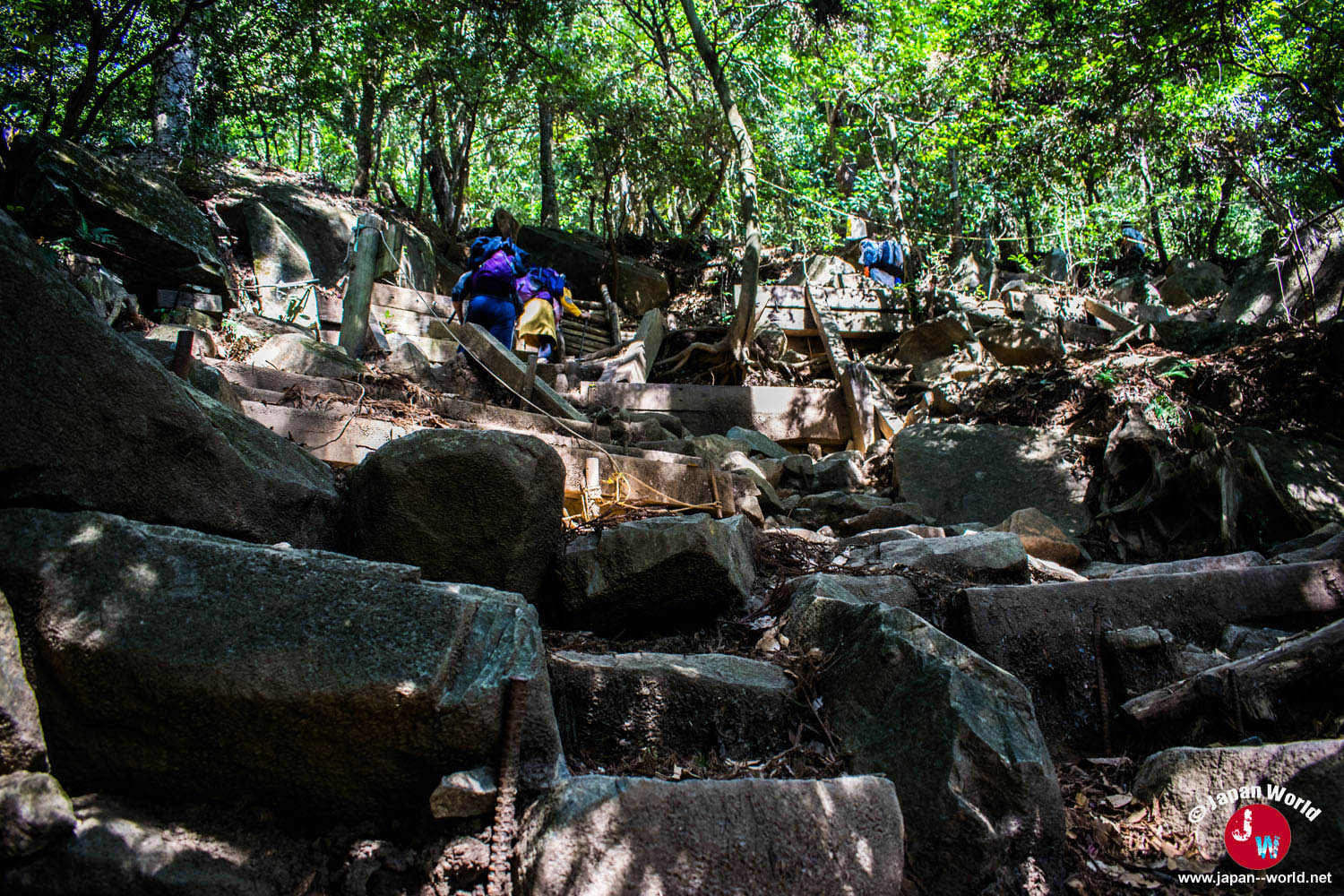 Randonneurs progressant parmi les rochers du sentier Miyukigahara