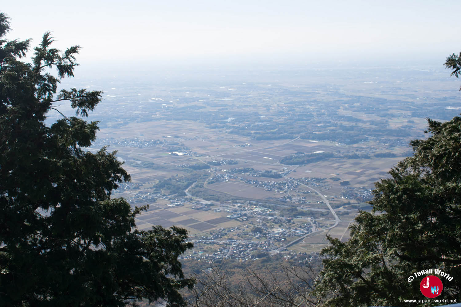 Vue sur la plaine entre les arbres du pic Nantai