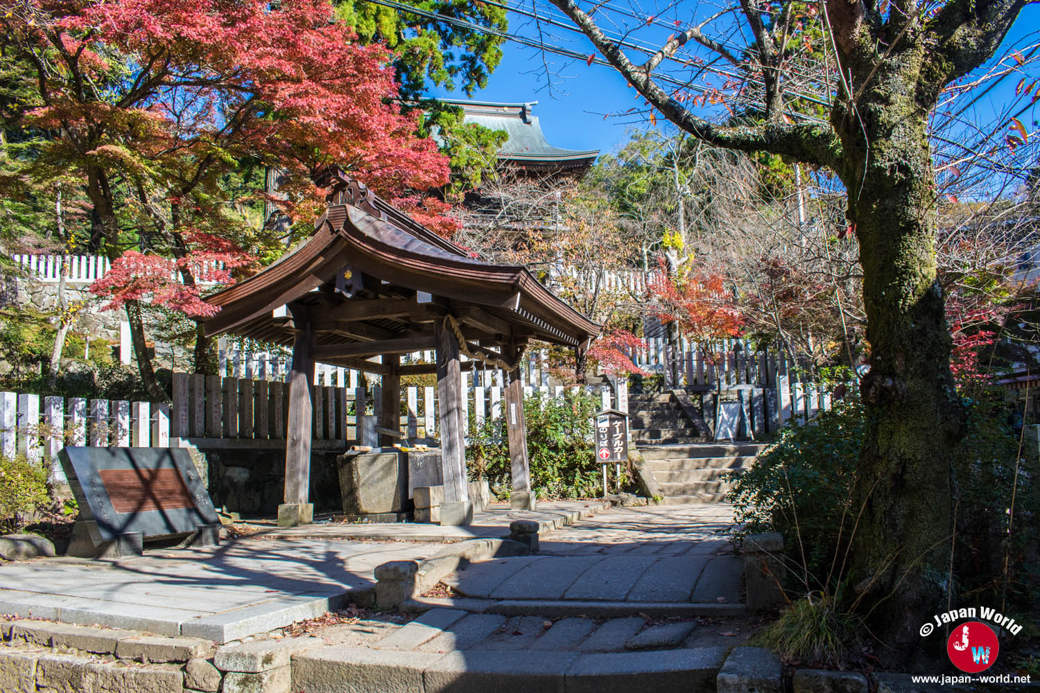 Bâtiment du sanctuaire du mont Tsukuba entouré de feuillages automnaux