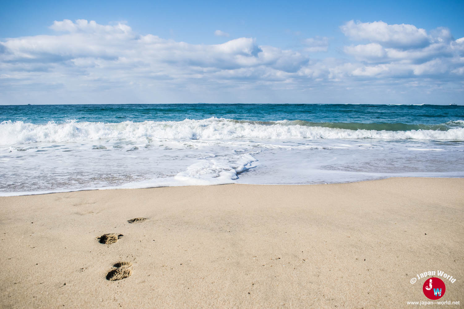 Vague déferlant sur une plage de Shikanoshima en janvier